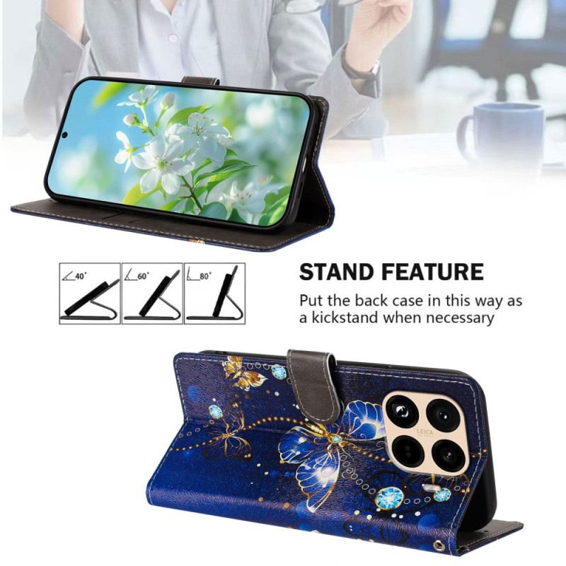 Lederhüllen Xiaomi 15t Pro Handyhülle Goldene Und Blaue Schmetterlinge