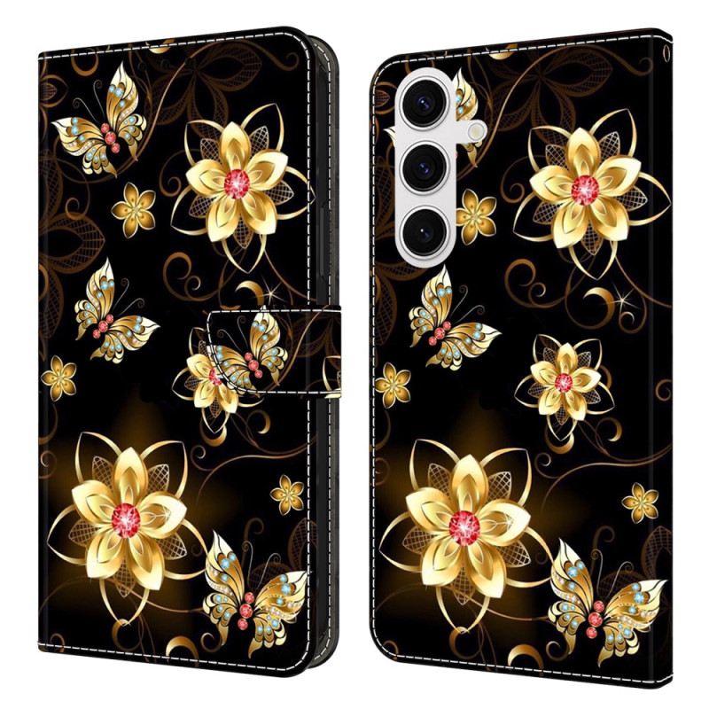 Lederhüllen Für Samsung Galaxy S26 Plus Goldene Blumen Und Schmetterlinge