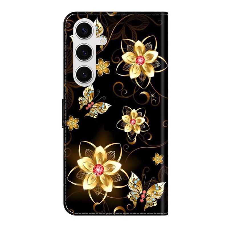 Lederhüllen Für Samsung Galaxy S26 Plus Goldene Blumen Und Schmetterlinge