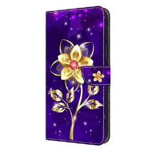 Lederhüllen Samsung Galaxy S26 Plus Goldene Blumen Auf Violettem Hintergrund
