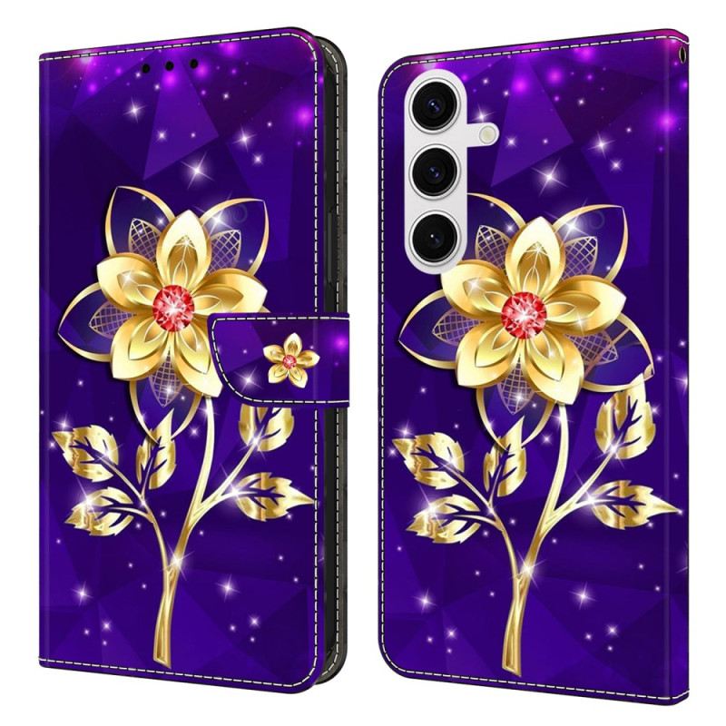 Lederhüllen Samsung Galaxy S26 Plus Goldene Blumen Auf Violettem Hintergrund