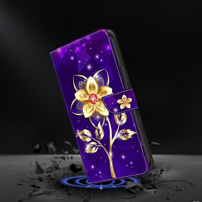Lederhüllen Samsung Galaxy S26 Plus Goldene Blumen Auf Violettem Hintergrund
