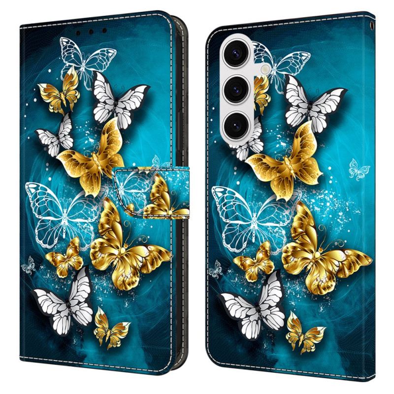Lederhüllen Samsung Galaxy S26 Plus Goldener Schmetterling Auf Grün