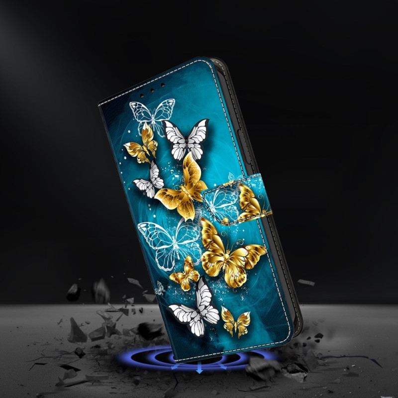 Lederhüllen Samsung Galaxy S26 Plus Goldener Schmetterling Auf Grün