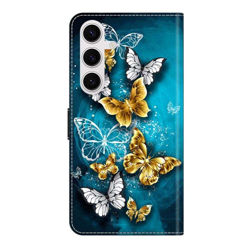 Lederhüllen Samsung Galaxy S26 Plus Goldener Schmetterling Auf Grün