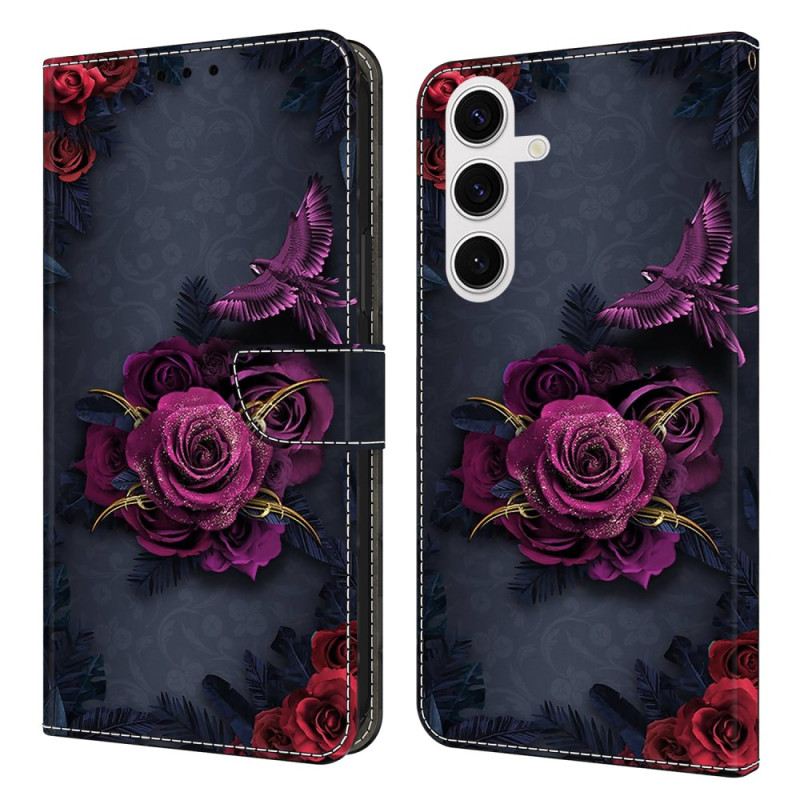 Lederhüllen Samsung Galaxy S26 Plus Handyhülle Leuchtende Violette Blumen