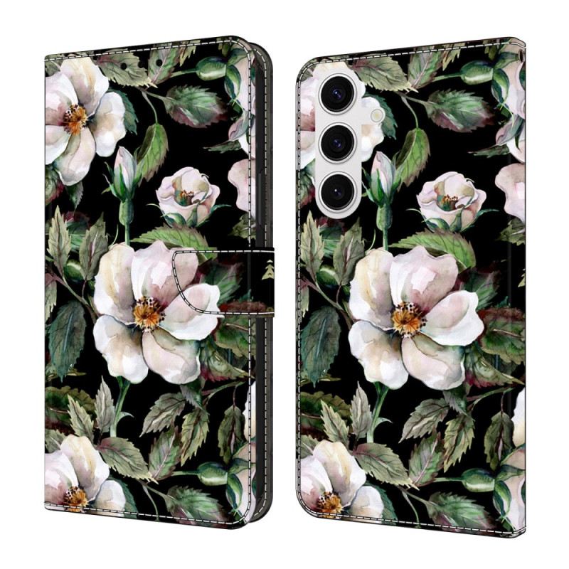 Lederhüllen Samsung Galaxy S26 Plus Handyhülle Weißes Blumenmotiv