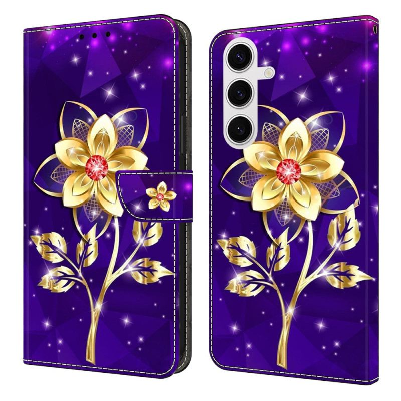 Lederhüllen Für Samsung Galaxy S25 Fe Goldene Blumen Auf Violettem Grund