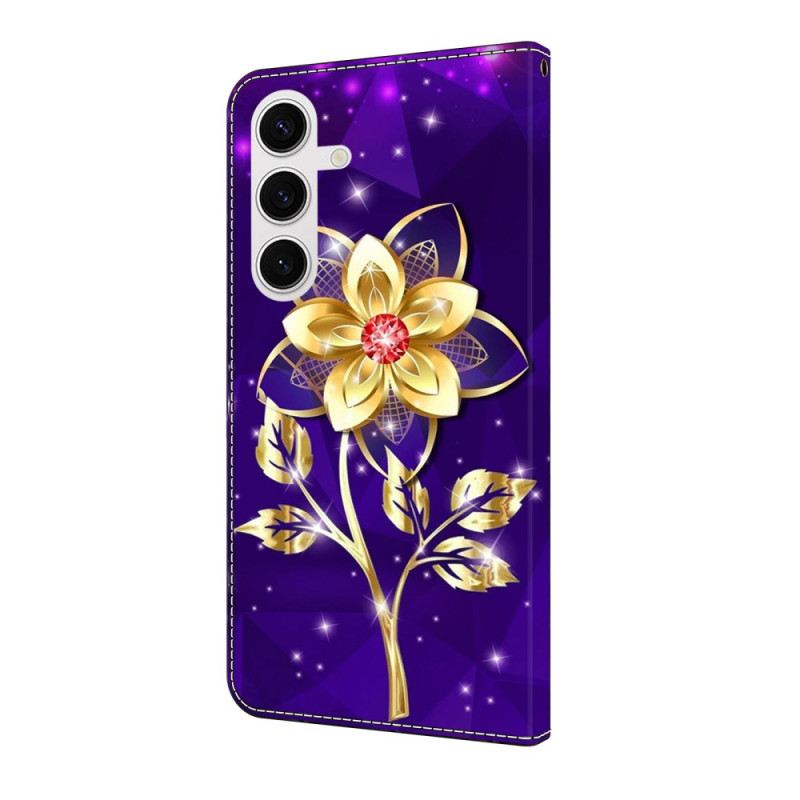 Lederhüllen Für Samsung Galaxy S25 Fe Goldene Blumen Auf Violettem Grund