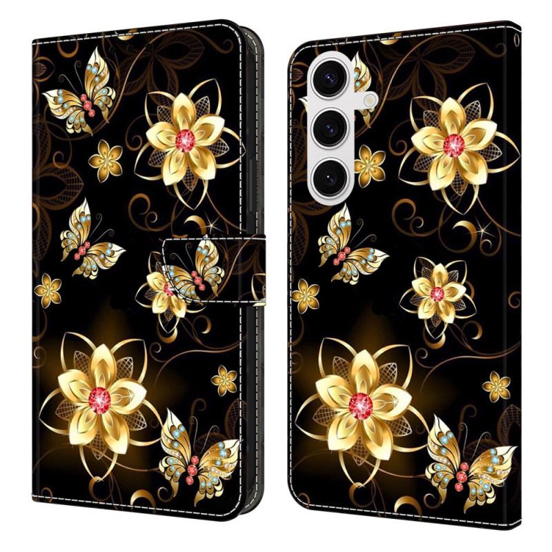 Lederhüllen Samsung Galaxy S25 Fe Handyhülle Goldene Blumen Und Schmetterlinge