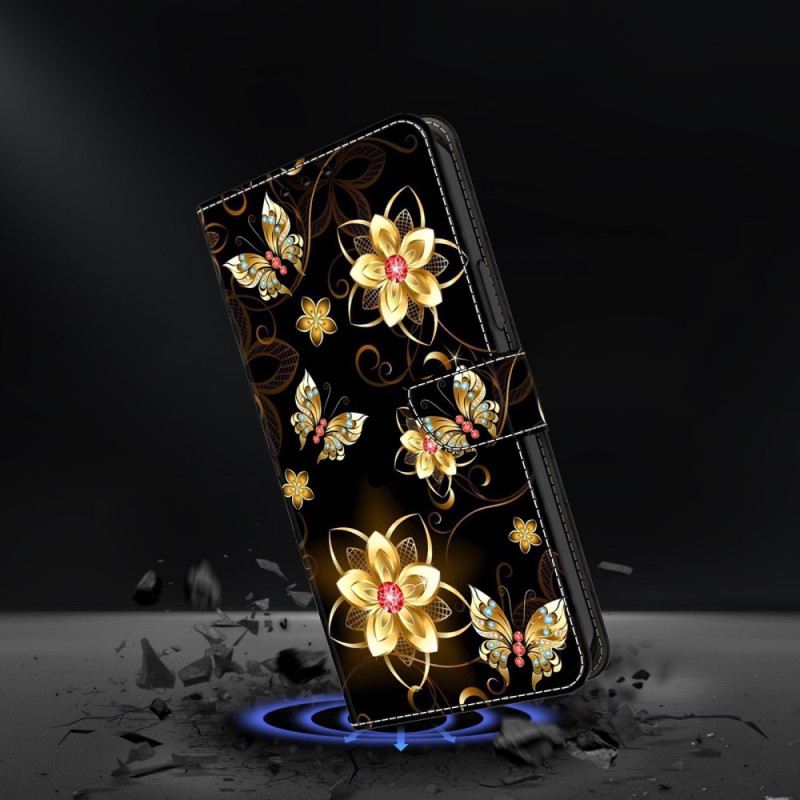 Lederhüllen Samsung Galaxy S25 Fe Handyhülle Goldene Blumen Und Schmetterlinge