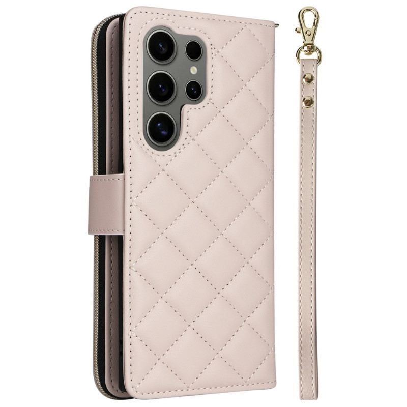 Lederhüllen Samsung Galaxy S25 Ultra 5g Gesteppte Geldbörse Mit Riemen Und Schulterriemen