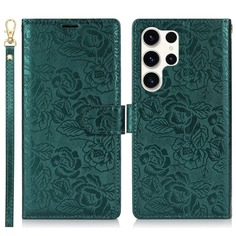 Lederhüllen Samsung Galaxy S25 Ultra 5g Handyhülle Blumenmuster Mit Riemen