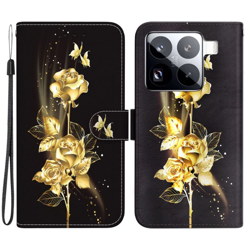 Lederhüllen Xiaomi 15 Pro Goldene Schmetterlinge Und Rosa