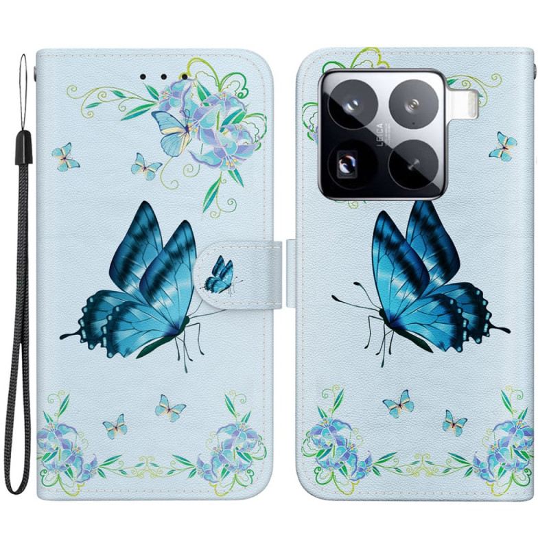 Lederhüllen Xiaomi 15 Pro Schmetterling Und Blaue Blumen
