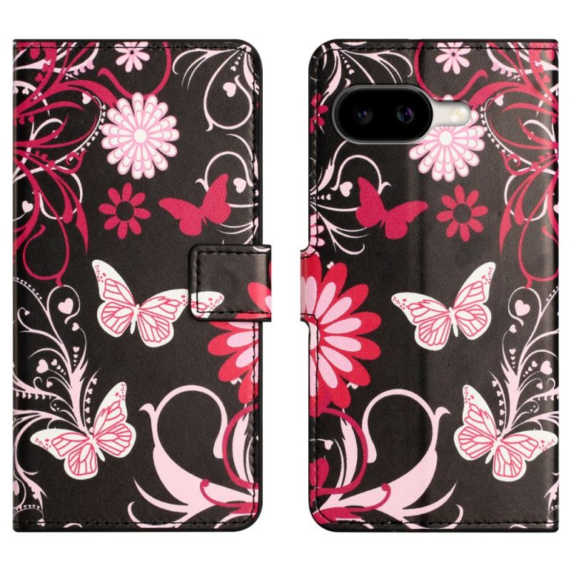 Lederhüllen Google Pixel 10a Schmetterlinge Auf Schwarzem Hintergrund