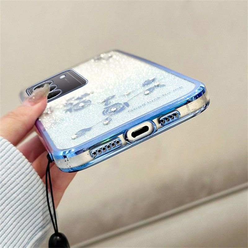 Hülle Realme 14x 5g Handyhülle Kadem Blumen Und Strasssteine Mit Lanyard