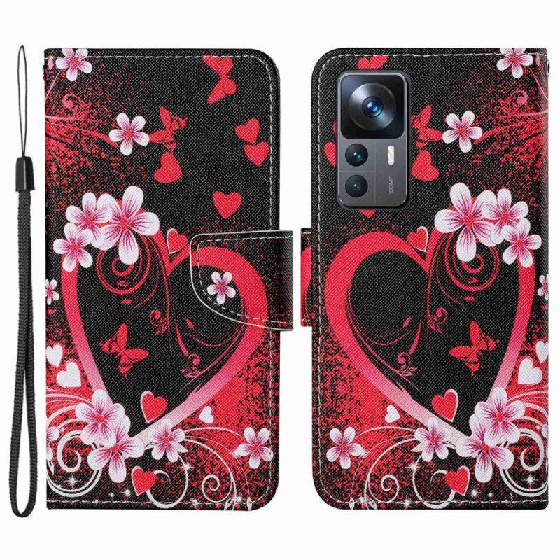 Flip Case Für Xiaomi 12T / 12T Pro Blumen Und Herzen Mit Schlüsselband