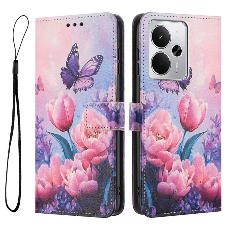 Lederhüllen Realme 14t 5g Handyhülle Rosa Blumen Und Schmetterlinge