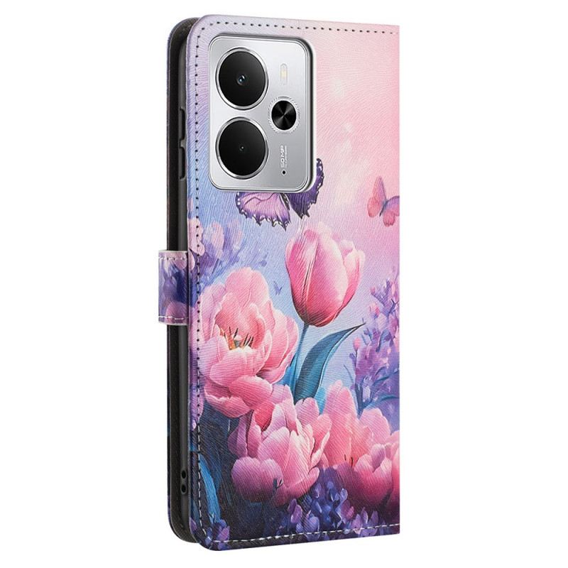 Lederhüllen Realme 14t 5g Handyhülle Rosa Blumen Und Schmetterlinge