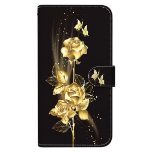 Lederhüllen Für Xiaomi Redmi Note 14 5g Goldene Schmetterlinge Und Rose