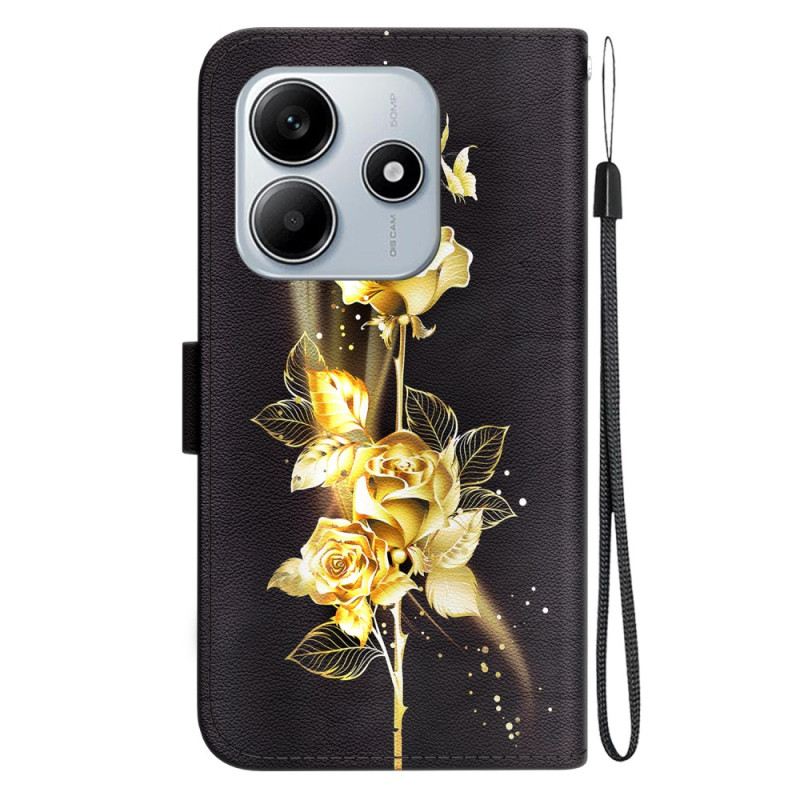 Lederhüllen Für Xiaomi Redmi Note 14 5g Goldene Schmetterlinge Und Rose