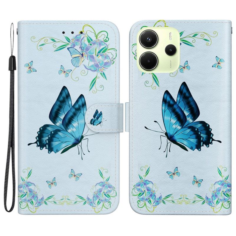 Lederhüllen Für Xiaomi Redmi Note 14 4g Blauer Schmetterling Und Blumen