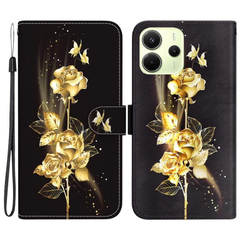 Lederhüllen Für Xiaomi Redmi Note 14 4g Goldene Und Rosa Schmetterlinge