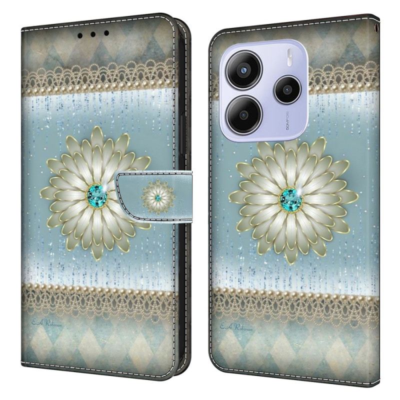 Lederhüllen Xiaomi Redmi Note 14 4g Blume Und Blauer Diamant