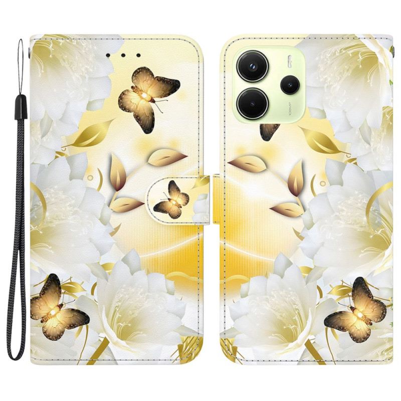 Lederhüllen Xiaomi Redmi Note 14 4g Handyhülle Goldene Schmetterlinge Und Blumen
