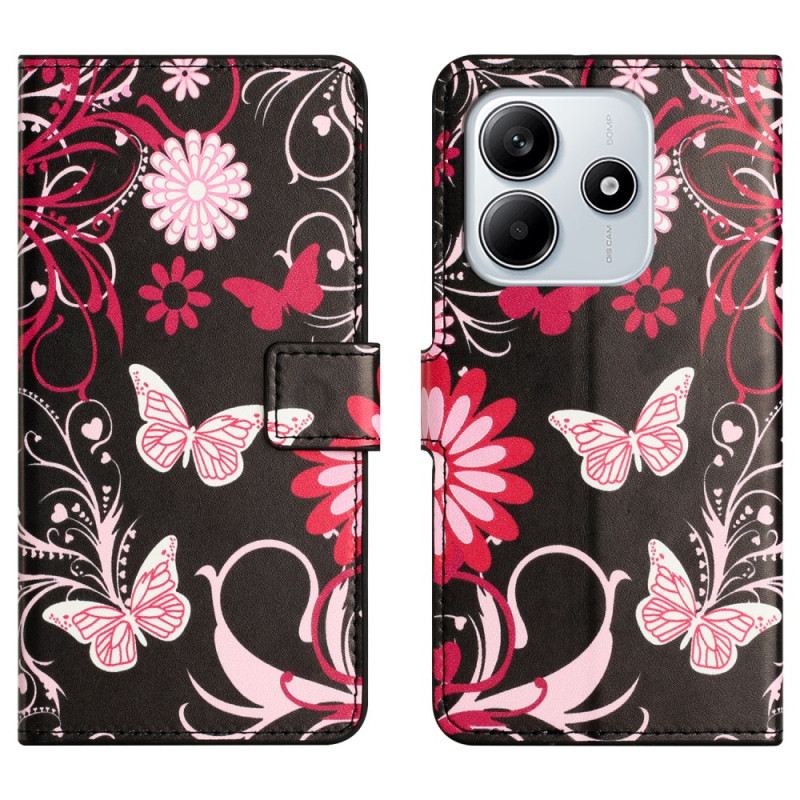 Lederhüllen Xiaomi Redmi Note 14 4g Handyhülle Schmetterlinge Auf Schwarzem Hintergrund