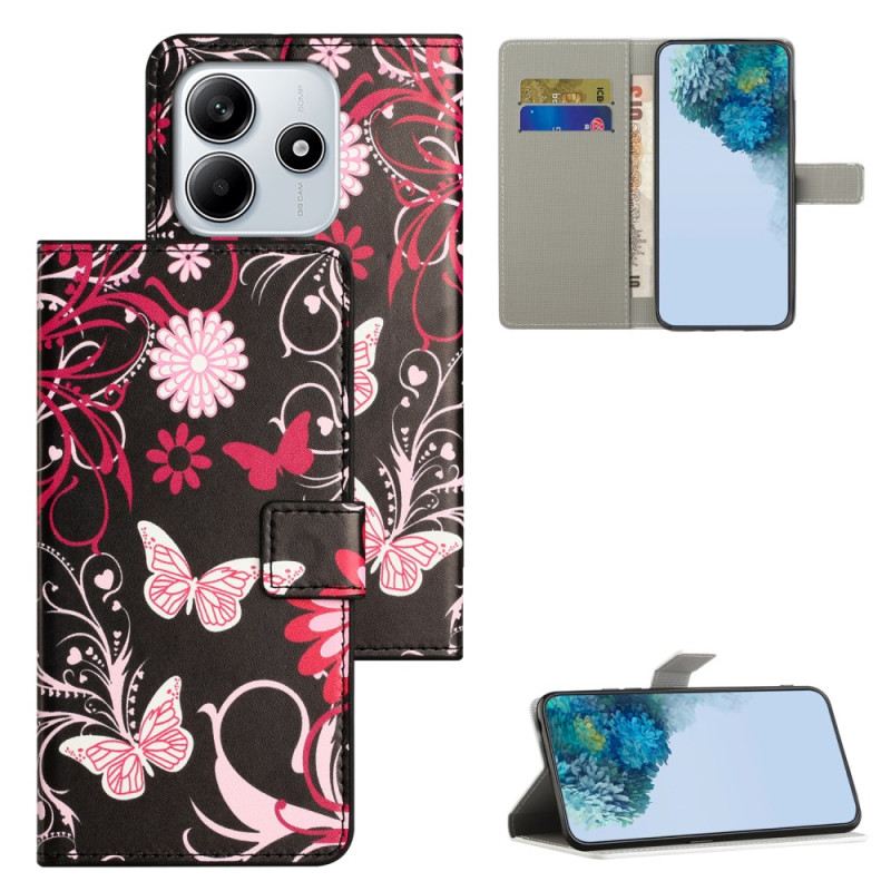 Lederhüllen Xiaomi Redmi Note 14 4g Handyhülle Schmetterlinge Auf Schwarzem Hintergrund