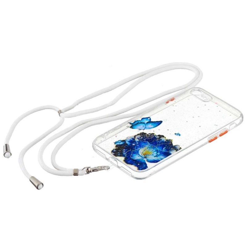 Handyhülle Für iPhone SE 2022 Mit Kordel Blaue Blumen Und Schmetterlinge