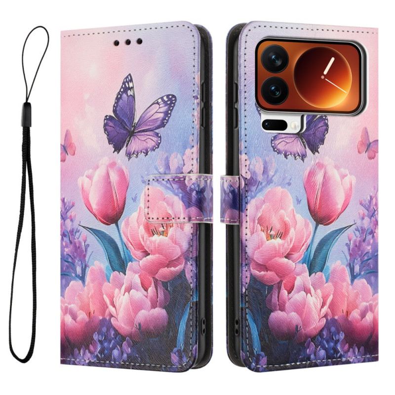 Lederhüllen Xiaomi 17 Pro Max Handyhülle Schmetterling Und Rosa Blumen