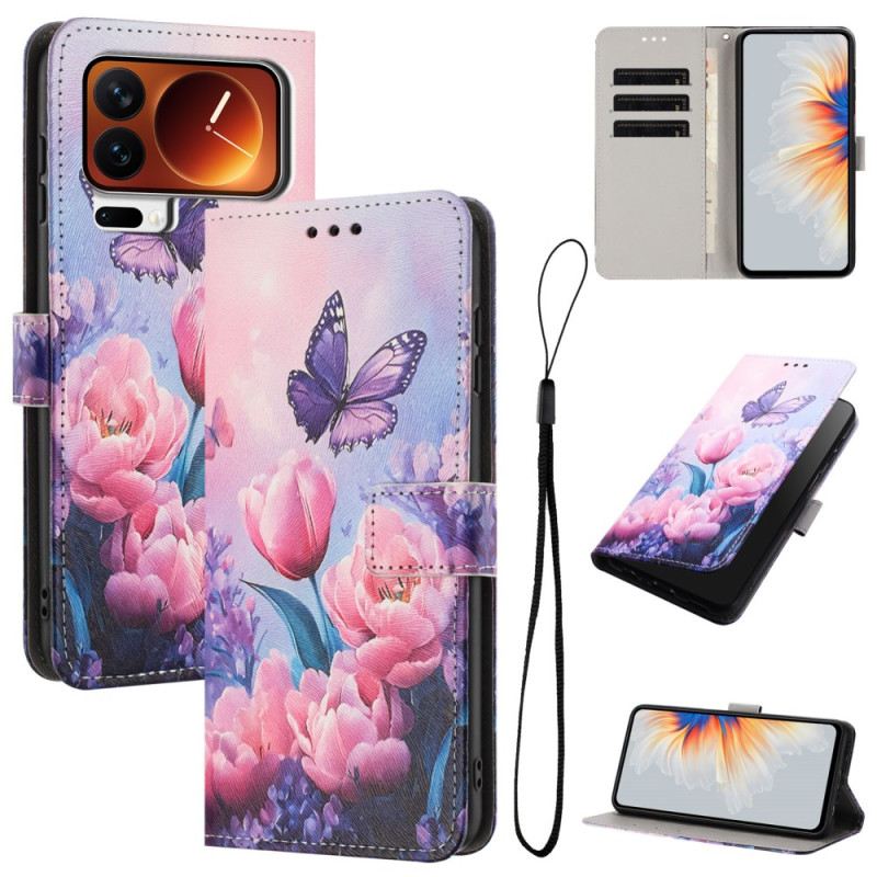 Lederhüllen Xiaomi 17 Pro Max Handyhülle Schmetterling Und Rosa Blumen