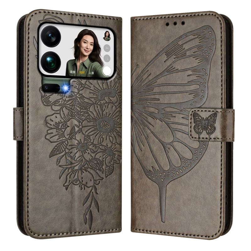 Lederhüllen Xiaomi 17 Pro Max Handyhülle Schmetterlingsmotiv Mit Trageband