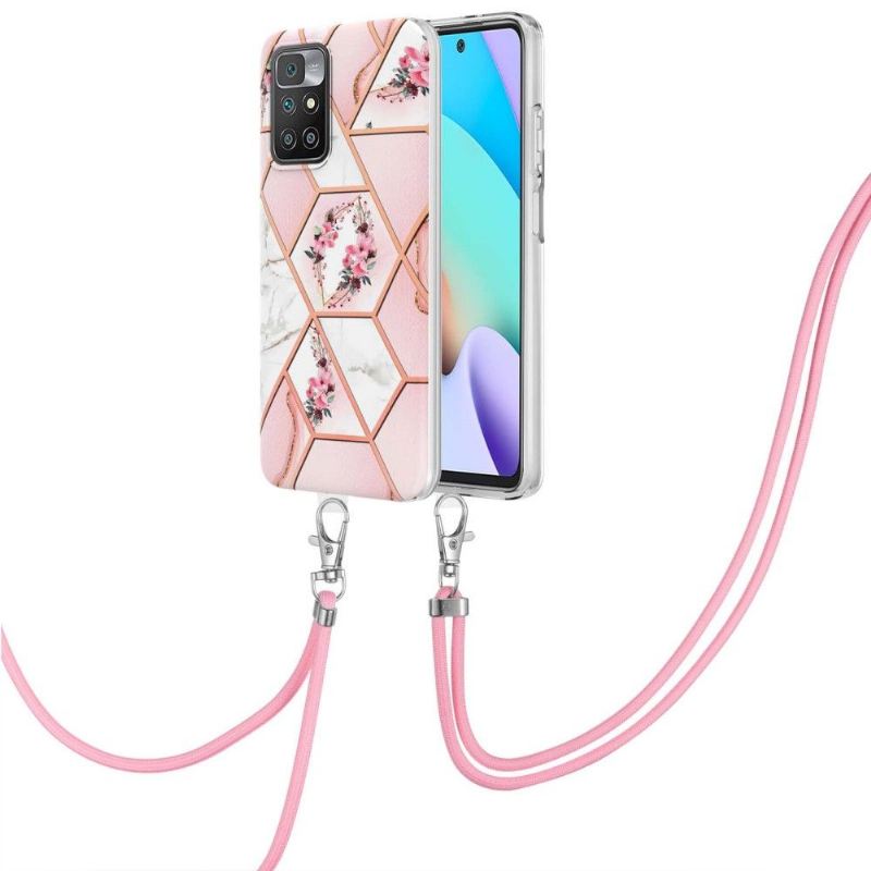 Hülle Für Xiaomi Redmi 10 Mit Kordel Marmor- Und Blumenkrone