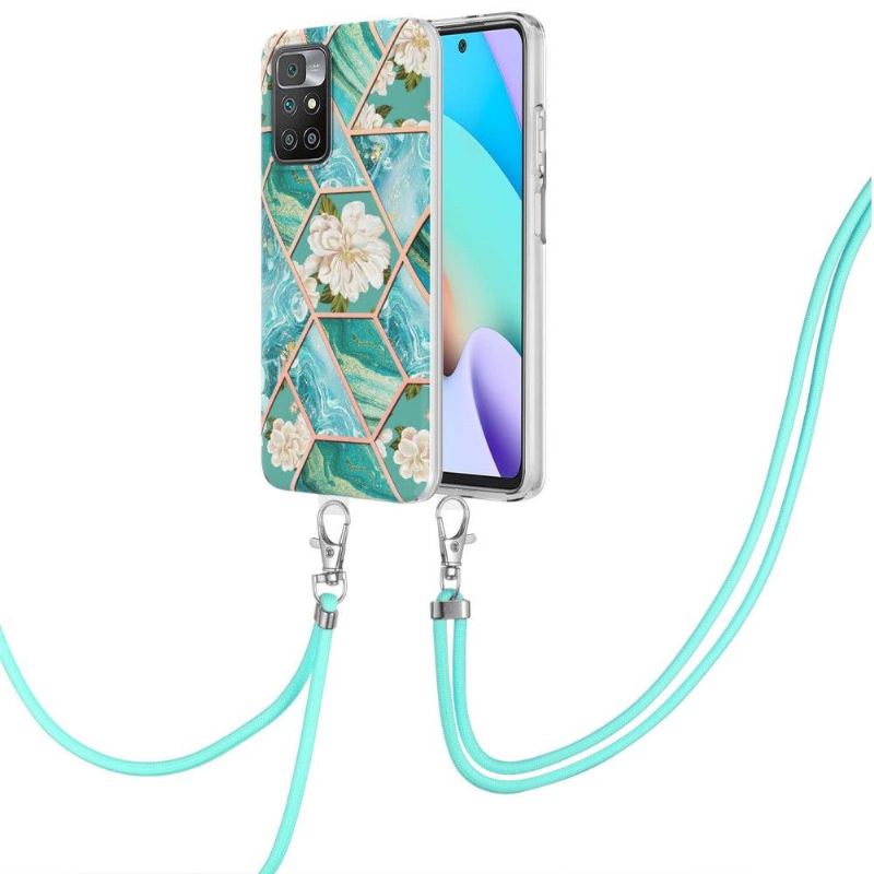 Hülle Für Xiaomi Redmi 10 Mit Kordel Marmor Und Weiße Blumen