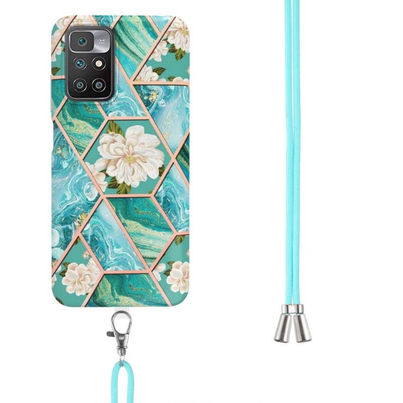 Hülle Für Xiaomi Redmi 10 Mit Kordel Marmor Und Weiße Blumen