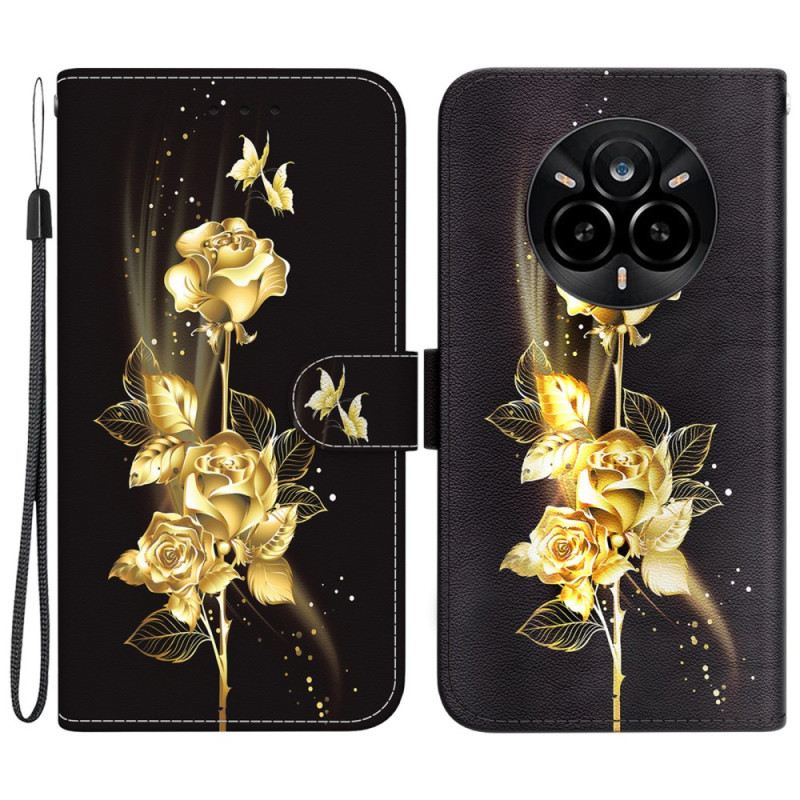 Lederhüllen Realme 14 Pro 5g Handyhülle Goldene Schmetterlinge Und Rosa
