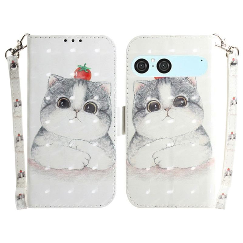 Lederhüllen Sony Xperia 10 Vii Handyhülle Lanyard Mit Katze Und Erdbeere