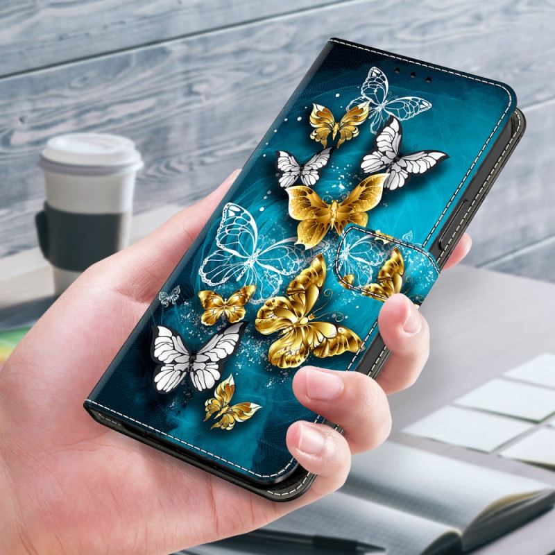 Lederhüllen Samsung Galaxy A17 4g / 5g Handyhülle Goldene Schmetterlinge Auf Grünem Hintergrund