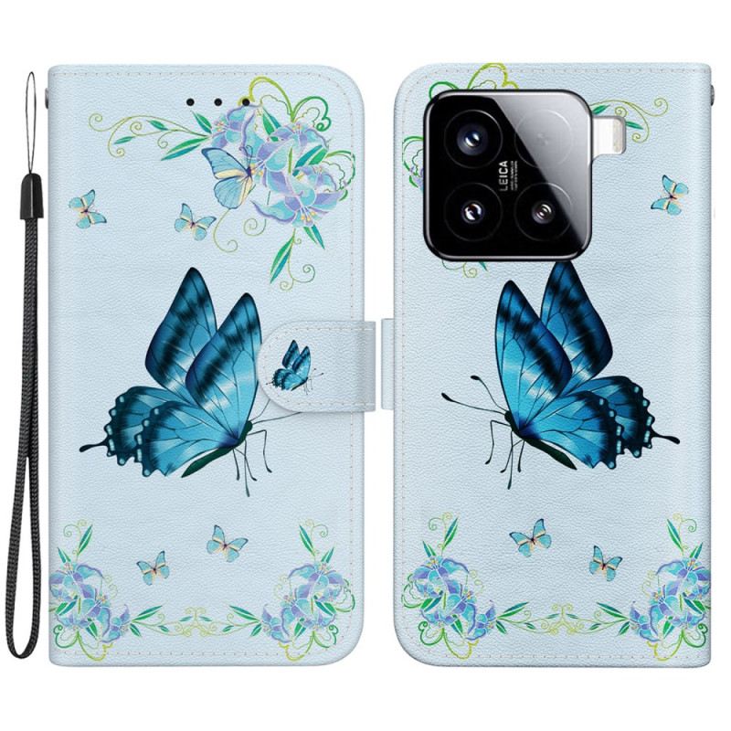 Lederhüllen Für Xiaomi 15 Blaue Schmetterlinge Und Blumen