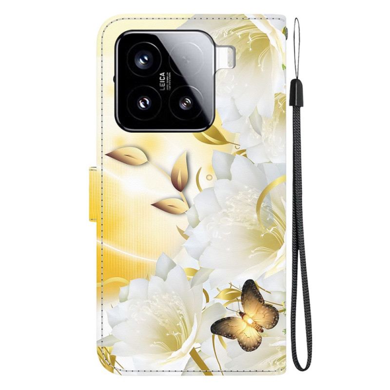 Lederhüllen Xiaomi 15 Handyhülle Goldene Schmetterlinge Und Weiße Blüten