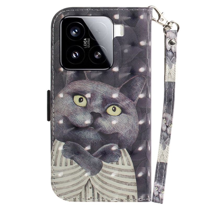 Lederhüllen Xiaomi 15 Handyhülle Graue Katze Mit Riemen