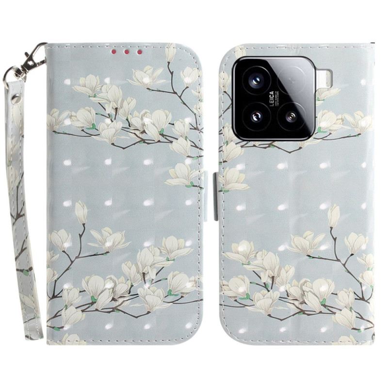 Lederhüllen Xiaomi 15 Schlüsselband Mit Magnolien-motiv