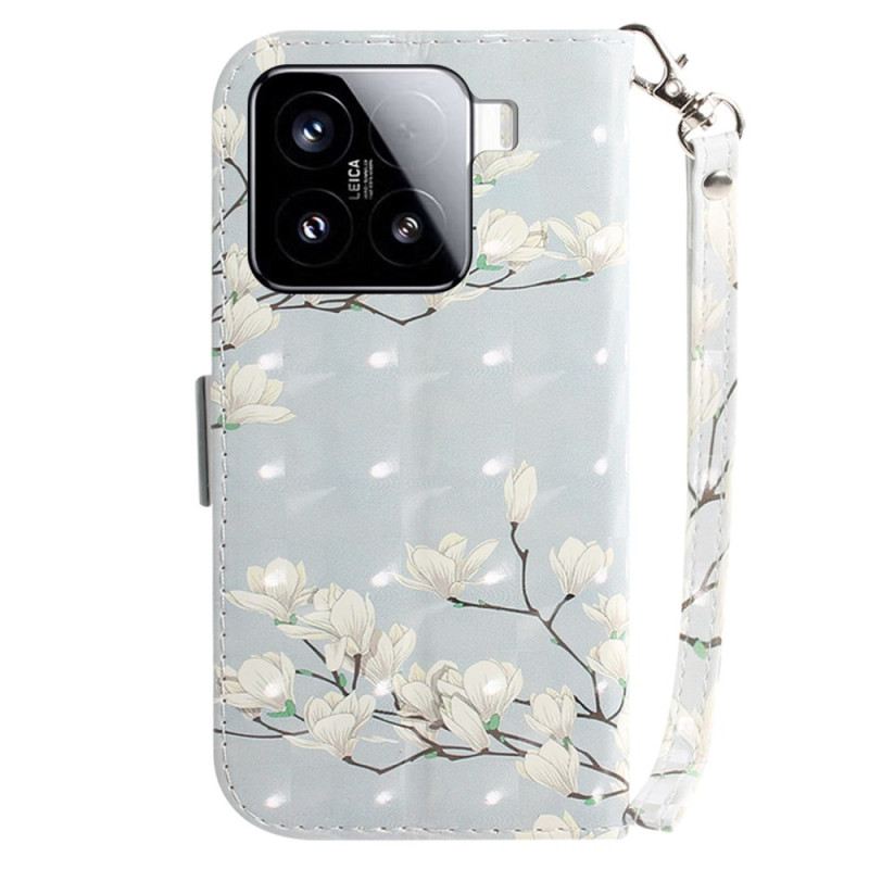 Lederhüllen Xiaomi 15 Schlüsselband Mit Magnolien-motiv
