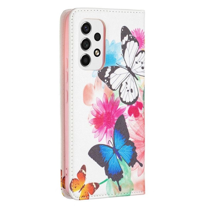Lederhüllen Für Samsung Galaxy A53 5G Schmetterlinge Und Bunte Blumen