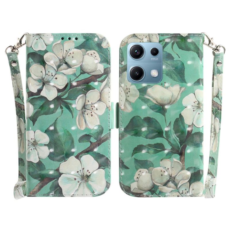 Lederhüllen Xiaomi Redmi Note 14s Weiße Blumen Mit Umhängeband