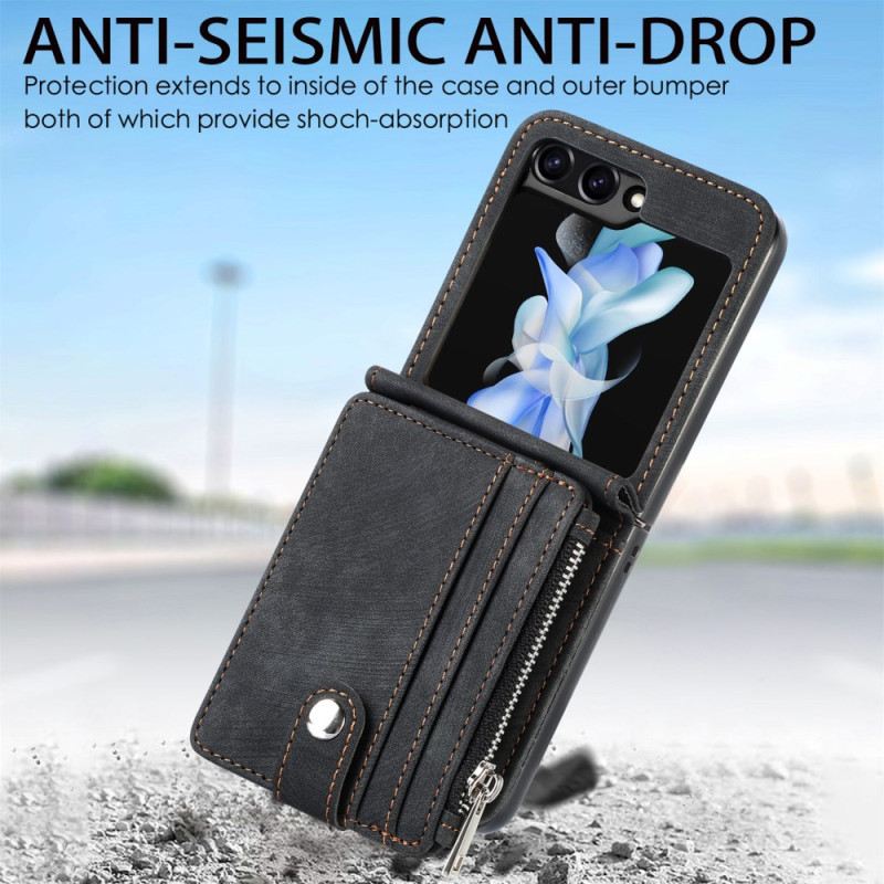 Hülle Samsung Galaxy Z Flip 7 Fe Handyhülle Retro-ständer Und Kartenhalter Mit Reißverschluss